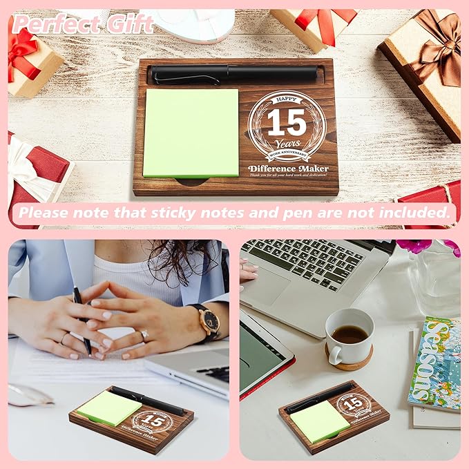 15th Work Anniversary Sticky Note Holder Wooden Notepad & Pen Holder 6.5" x 4.7" Sticky Note Pad Holder Dispenser for Desk Difference Maker Work Appreciation Gifts, NPA229