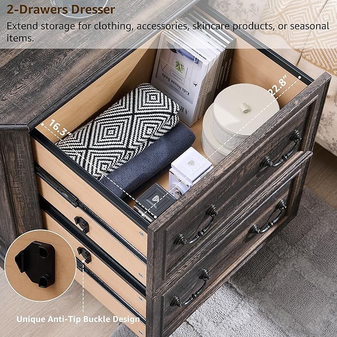 T4TREAM 2 Drawer File Cabinet-30 Wide Wooden Extended Desktop, Farmhouse Filing Cabinet with Smooth Rails, Holds Letter/Legal/A4, Hexagonal Design & Framed Drawer Fronts, Dark Rustic Oak