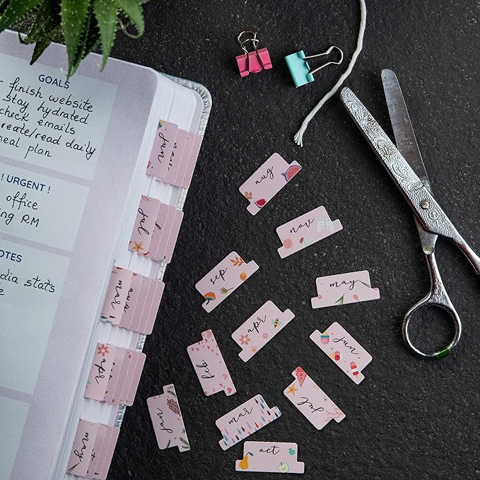DiverseBee Laminated Planner - 24 Peel and Stick Tabs (12 Month, 12 Blank), Calendar Dividers (Rose)