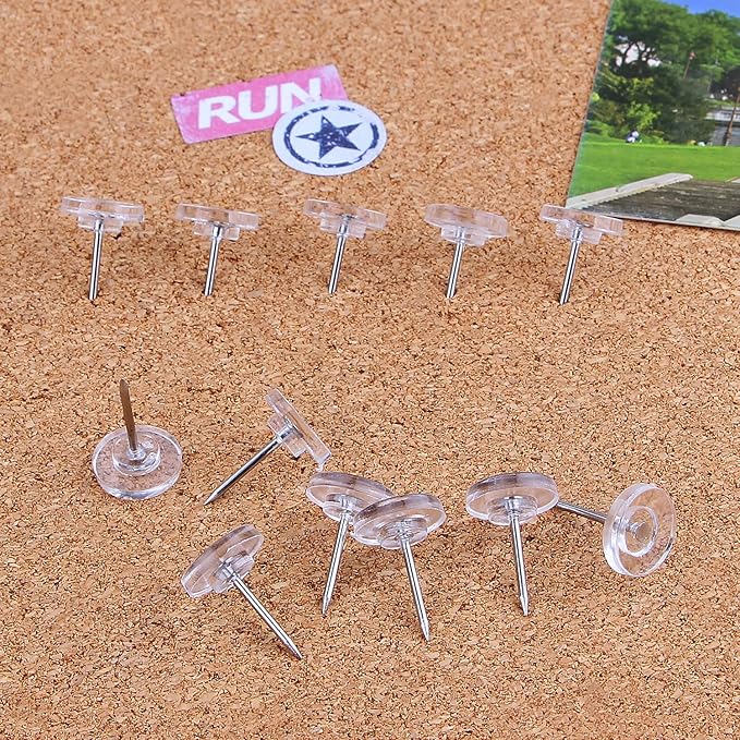 Push Pins 200-count Flat Clear Thumb Tacks Steel Point and Plastic Head for Corkboard and Wooden Photo Wall