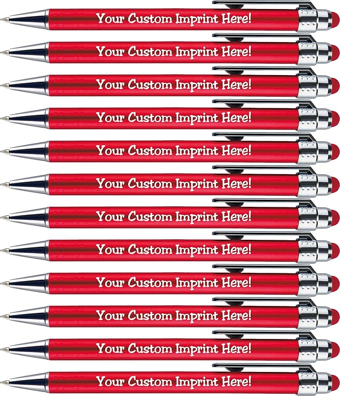 Personalized Pens with Stylus Tip -Bright Vibes- Click action - Custom - Black writing - Printed Name pens - Imprinted with Your Logo or Message - FREE PERSONALIZATION - 12 Pens/Box (Red)