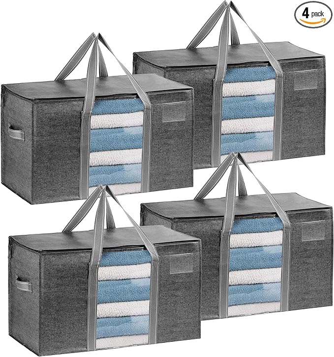 VENO 4 Pack Moving Bags, Moving Supplies, Moving Boxes, College Packing Storage Boxes with Lids Alternative, Heavy Duty Totes, Extra Large, Sturdy Handles, Zipper (Dark Gray with Window, 4 Pack)