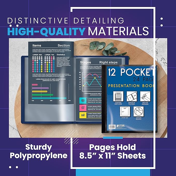 Better Office Products 12 Pocket Bound Presentation Book, Assorted Colors, Clear View Front Cover, 24 Sheet Protector Pages, 8.5" x 11" Sheets, Art Portfolio, Poly Covers, Letter Size (4 Pack)