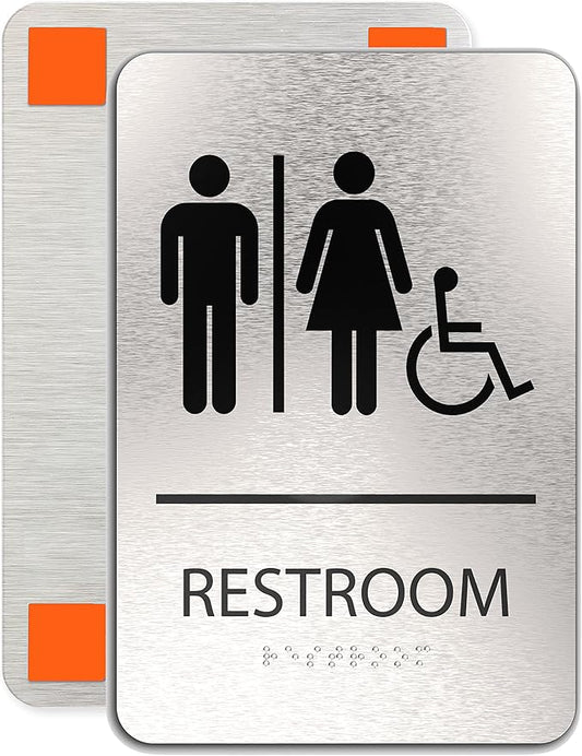 ADASigns Unisex Restroom Sign with Wheelchair Signage – 6" x 9" Durable Brushed Aluminum with Braille and Strong Adhesive Tape Weatherproof ADA Compliant Bathroom Sign for Home, Office & Business