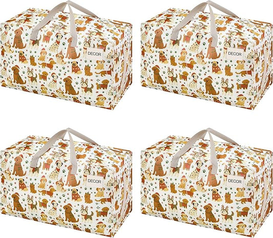 VENO 4 Pack Moving Bags and Large Christmas Decoration Storage Bins with lids. Alternative to Moving Boxes, Packing Supplies for College. Heavy Duty Totes (Holiday Pups, 4 Pack)