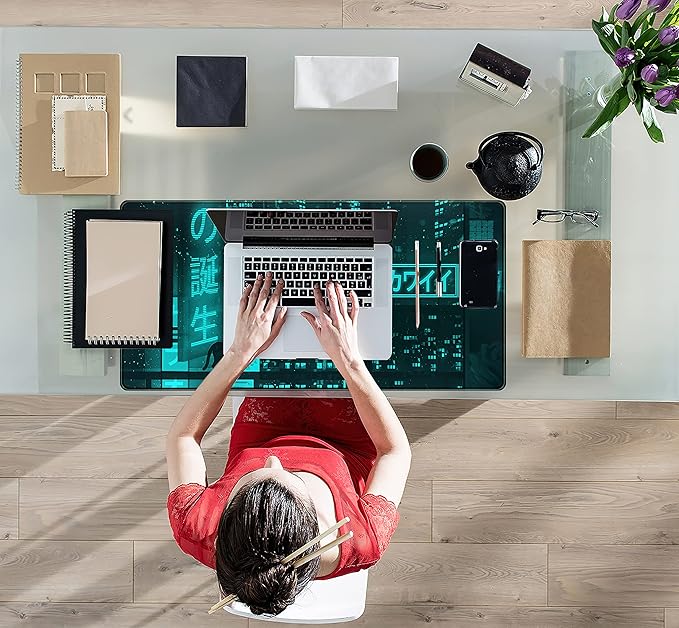 Cyan Green Japanese Desk Mat, Neon Tokyo Extended Mouse Pad Anime Cat Desk Pad, Gaming Mousepad XXL, Large Keyboard Mat for Gamers, Cool Computer Mat for Desk with Stitched Edges 31.5X15.7 in