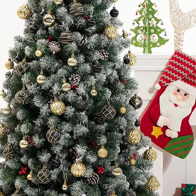 100Pcs Elegant Christmas Balls Set Christmas Tree Ornaments with Glitter and Patterns Bulk Ornaments for Tree as Festive Christmas Decor Xmas Ball Set Black Gold