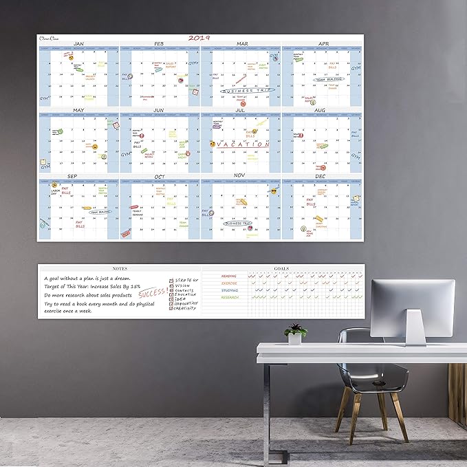 CLEVER CLEAN Large Dry Erase Wall Calendar 5 Feet- 48"x60" 2025 Undated Yearly Planner for Home, Office, School Projects - Jumbo Erasable Laminated Task Organizer