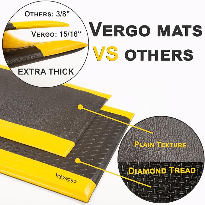 Vergo Industrial 15/16” Extra Thick Anti Fatigue Mat - Heavy Duty Commercial Grade Diamond Plate Ergonomic Standing, Non-Slip Black with Yellow Anti Fatigue Floor Mat for Work, Shop (2-Pack 2' x 3')