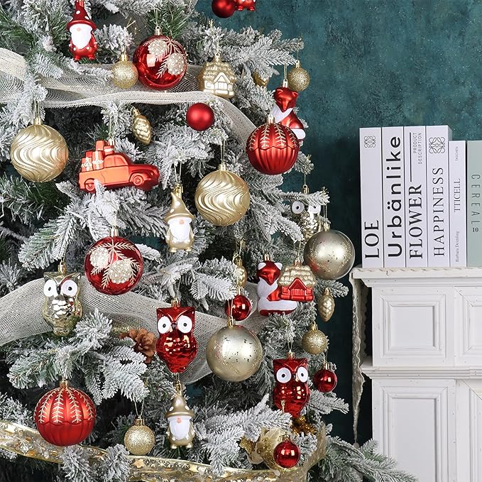 Red and Gold Christmas Ornaments Set, 75PCS Shatterproof Christmas Ornaments, Assorted Xmas Tree Hanging Ornaments for Christmas Trees, Holiday, Thanksgiving Party Decor(Red & Gold)