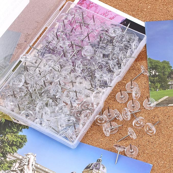 Push Pins 200-count Flat Clear Thumb Tacks Steel Point and Plastic Head for Corkboard and Wooden Photo Wall