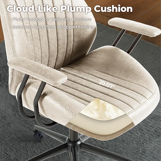 ovios Ergonomic Home Office Chair, Mid-Century Modern Faux Leather Chairs with Padded Armrests, Comfy High Back Swivel Rolling Executive Computer Armchair (Beige, Suede Leather)