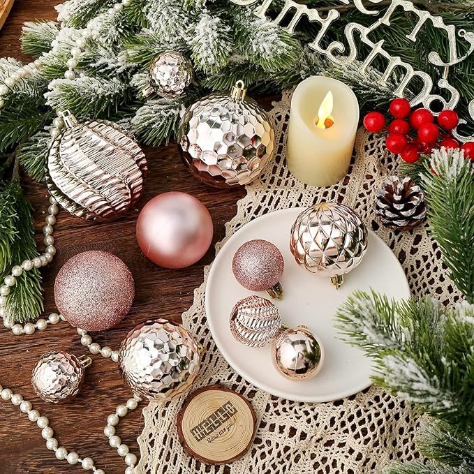 Christmas Balls Ornaments -36pcs Shatterproof Christmas Tree Decorations with Hanging Loop for Xmas Tree Wedding Holiday Party Home Decor,6 Styles in 3 Sizes(Rose Gold)