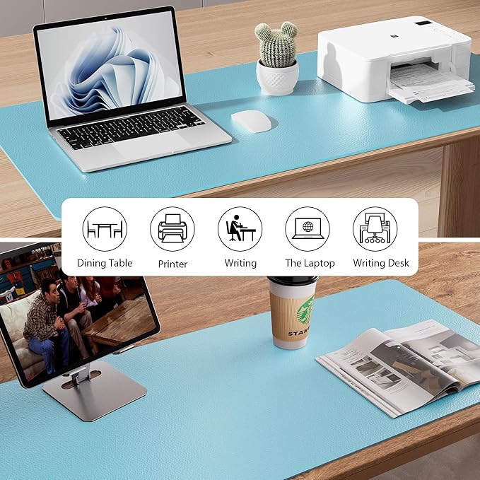 Aothia Faux Leather Desk Mat – Large Mouse Pad, Non-Slip PU Leather Blotter, Waterproof Writing Surface for Office and Home (Blue Topaz, 47.2" x 23.6")