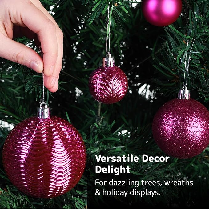 Prextex 36-Pieces Fuchsia Pink Christmas Ornaments Set - Shatterproof, Festive Christmas Balls Decorations in 3 Sizes and 6 Styles with Hanging Loops for Tree, Wreath, and Dazzling Holiday Party Decor