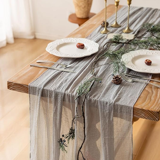 3pcs Grey Gauze Rustic Cheesecloth Table Runner 120 Inch 10 FT for Wedding Baby Shower Bridal Shower Birthday Engagement Garden Outdoor Party Long Sheer Boho Decorations