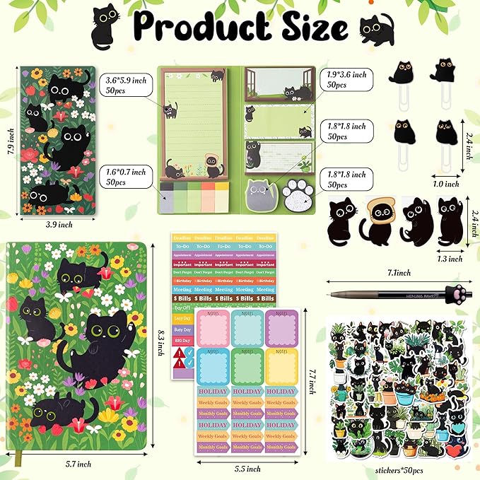 B1ykin Notebook Sticky Notes Stationery Set, 6Pcs Hardcover Ruled Journal Notebook with Planner Stickers, Neutral Pen Bookmarks Clips Birthday Gift for Office Students (Black Cat Floral)