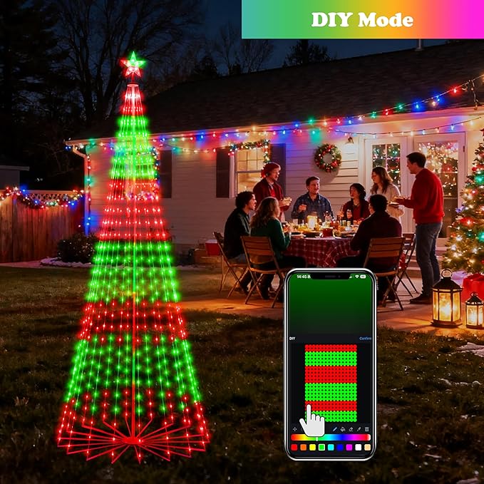 10FT Lighted Outdoor Christmas Tree, 514 LED Smart Cone Tree, Music Sync RGB Fairy Lights, LED Light Show, APP and Remote Control, Timer Function, Perfect for Outdoor Christmas Decorations