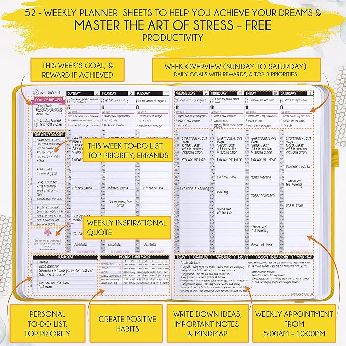Law of Attraction Planner – Undated Hourly, Weekly & Monthly Goal Setting Planner, 12-Month to Increase Productivity | Life & Gratitude Journal, Include Foldable Vision Board, Gift Box & Stickers