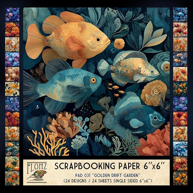FLONZ Scrapbook Paper (24 sheets 6"x6") Golden Drift Garden ~ Ornamental digital illustrations featuring koi fish and lush floral backdrops in painterly style with rich gradients and soft glowing