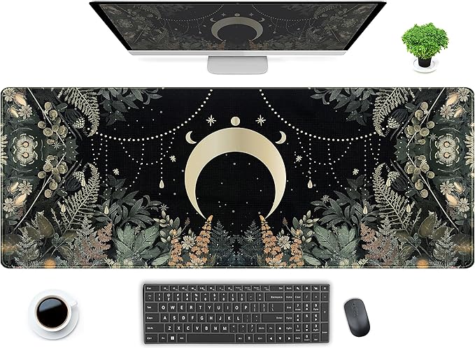 Cute Green Forest leaves Desk Mat Whimsical Moon Mousepad XL Large Extended Gaming Mouse Pad with Stitched Edges, Computer Laptop Keyboard Mouse Mat Desk Pad 31.5x11.8 in Non-Slip Rubber Base