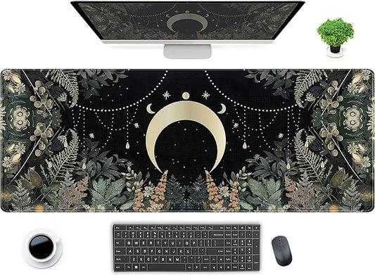 Cute Green Forest leaves Desk Mat Whimsical Moon Mousepad XL Large Extended Gaming Mouse Pad with Stitched Edges, Computer Laptop Keyboard Mouse Mat Desk Pad 31.5x11.8 in Non-Slip Rubber Base