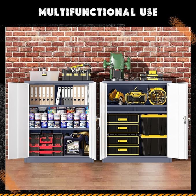 Greenvelly Metal Garage Storage Cabinet, Lockable Metal Cabinets with 2 Doors and Shelves,36”Steel Storage Locking Counter Cabinet for Office,Garage,Kitchen,Home,School(Grey White)