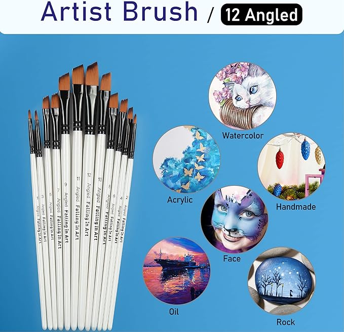 Falling in Art Paint Brushes Set, 12 PCS Nylon Professional Angled Paint Brushes for Watercolor, Oil Painting, Acrylic, Face Body Nail Art, Crafts, Rock Painting