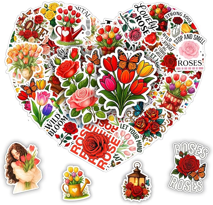 115 PCS Rose and Tulip Stickers Pack, Floral Watercolor Vinyl Waterproof Decals with Roses Tulips Hummingbirds Butterflies, Gift for Kids Teens Adults Laptop Water Bottle Scrapbook