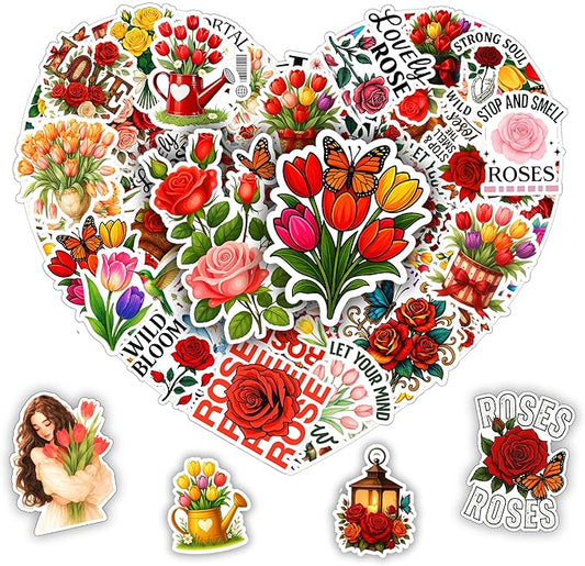 115 PCS Rose and Tulip Stickers Pack, Floral Watercolor Vinyl Waterproof Decals with Roses Tulips Hummingbirds Butterflies, Gift for Kids Teens Adults Laptop Water Bottle Scrapbook