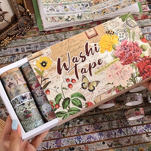 42 Rolls Vintage Washi Tape Set, Delicate Butterfly & Lush Floral Botanical Themed Writable Decorative Tapes with Retro Elements for Scrapbooking, Junk Journal Supplies, Bullet Journaling 5-25mm Wide