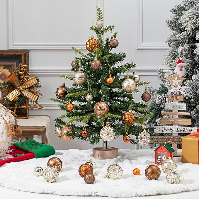 100ct Brown and Gold Christmas Ornaments Set, Shatterproof Fall Thanksgiving Tree Decorations Elegant Champagne Plastic Assortment Xmas Ball Ornaments for Holiday Decor (Brown & Gold)