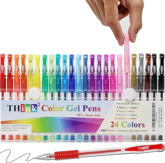 THINK2MASTER [24 Colors] Think2 Color Gel Pens Set for Kids and Adult. Perfect for Drawing, Journaling, Doodling, Scrapbooking