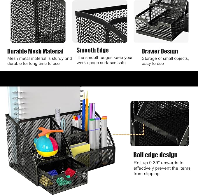 Black Office Desk Accessories Supplies, 12pcs Desk Organizers and Accessories with Tape dispenser and Stapler,Staples,Staple Remover,Pen Holder,Scissor,Ruler,Sticky Tabs,Tape,Ballpoint Pen,Clips Set