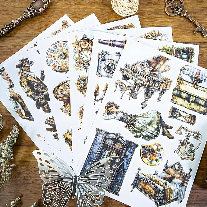 Snycler Retro Rust Stain Theme Sticker Scrapbooking Supplies for Junk Journal, 20 Sheets PET Stickers - Vintage Journaling Stickers, Ephemera Sticker Book Pre Cut, Planner, Junk Journal Supplies