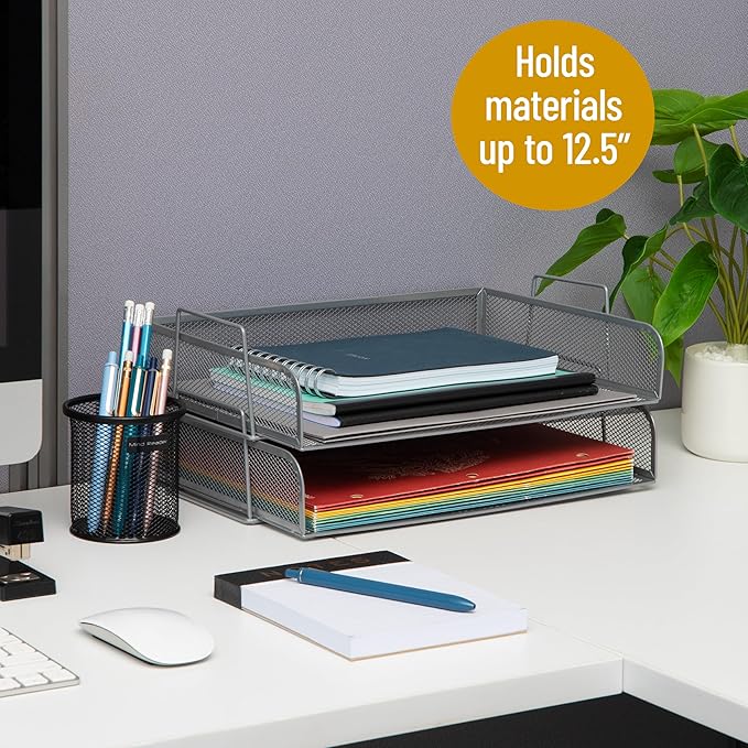 Mind Reader Stackable Paper Tray, Desktop Organizer, File Storage, Office, Metal Mesh, 13.25" L x 9.75" W x 6.25" H, 2 Pcs., Silver