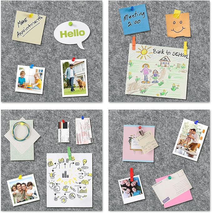 AKTOP Cork Bulletin Board 12x12, 1/2" Thick Felt Cork Board Tiles 6 Pack, Small Square Pin Board for Wall, Self Adhesive Corkboards with 60 Push Pin Wood Clips for School, Home & Office, Grey