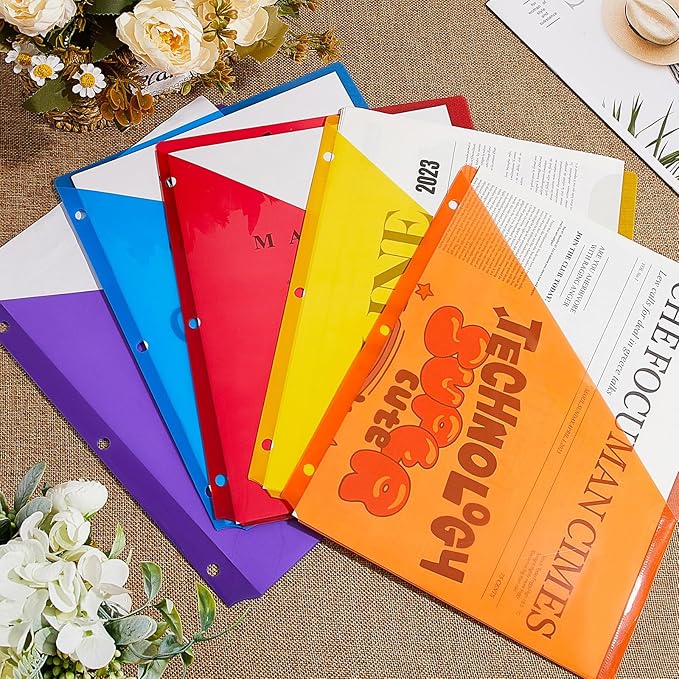 Maitys 50 Pack Binder Pockets 3 Hole Punch Clear Plastic Document Folders Binder Organizer Store Letter Size 8.5x11 Inch Paper Folders with Pockets Slash File Jacket for Office (Multicolor)