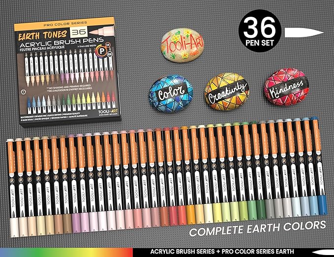 36 Flexible Brush Tip Earth Tones Acrylic Paint Pens Markers Set 1-7mm Line for Rock Painting, Brush Lettering, Glass, Mugs, Wood, Metal, Canvas, Fabric, Plastic. Non Toxic Waterbased Quick Drying
