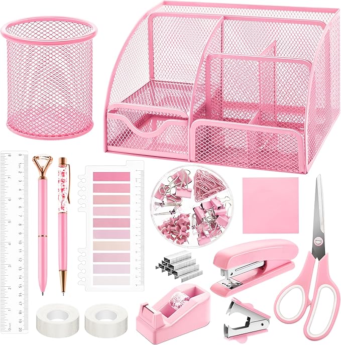 11 Pcs Pink Office Supplies Set Mesh Desk Organizer Accessories Kit Include Stapler Tape Dispenser Staple Remover Clips Ruler Scissors Sticky Notes for Office School Home Women (Pink)
