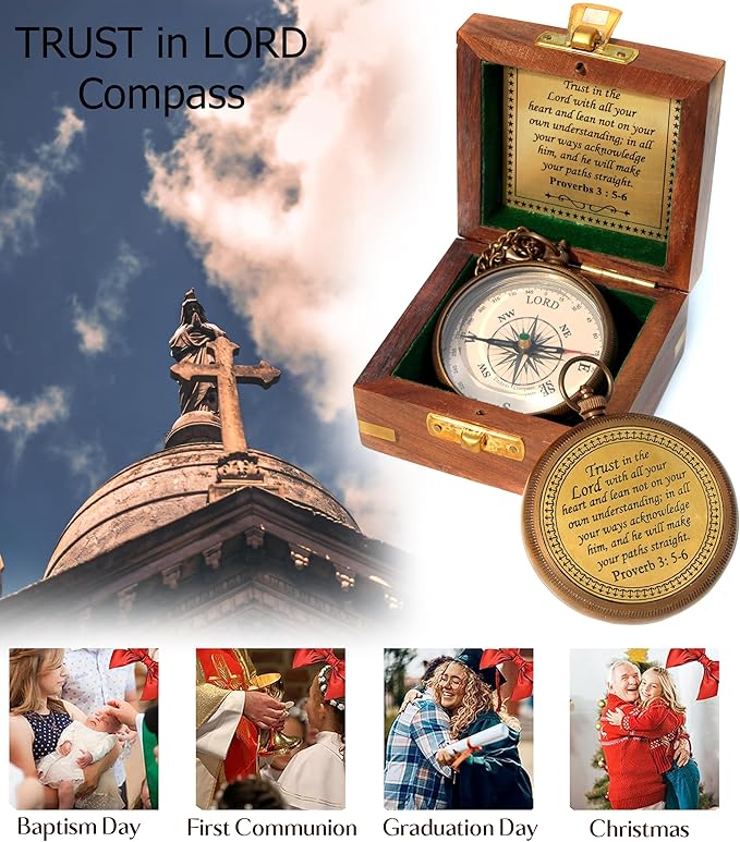 Trust in The Lord with All Your Heart -Proverbs 3: 5-6 Quote Engraved Compass with Wooden Box, Baptism Gifts for Boys, Inspirational Gifts Men, Graduation Day Gifts, First Communion Gifts