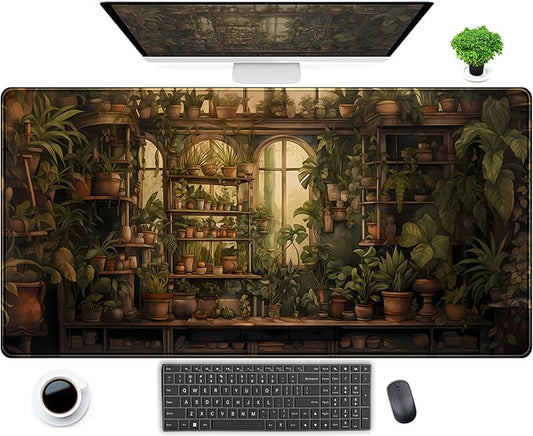 Green Retro Plant Lover Desk Mat Cute Sage Mouse Pad XXL Large Extended Gaming Mousepad Anime Desk Pad 31.5x15.75 in, Aesthetic Desktop Accessories for Women Computer Mat Keyboard and Mouse Mat