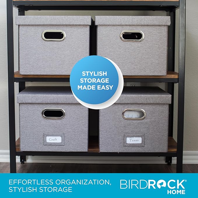 Internet's Best Collapsible File Storage Organizer with Lid - Decorative Linen Filing & Storage Office Box – Hanging Letter/Legal Folder – Home Office Bins Cabinet – Grey Container - 4 Pack