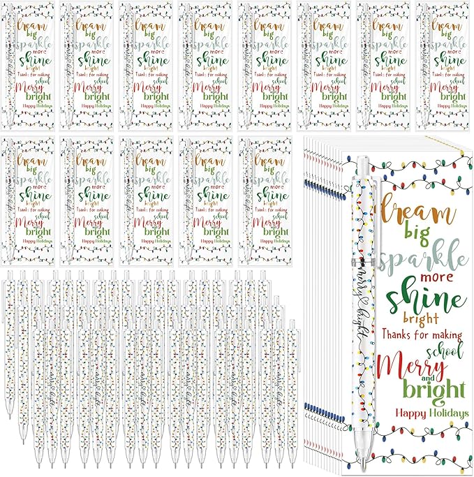 100 Sets Christmas Pens Bulk Christmas Employee Appreciation Gifts Bulk String Lights 0.7 mm Mechanical Pencils with Bookmarks Coworkers Xmas Gifts for Staff Teacher Office Team