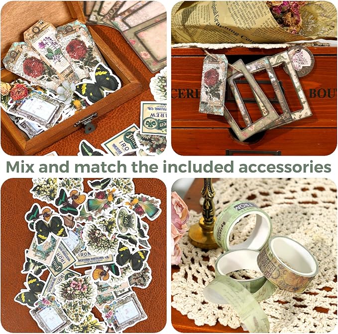 Funto Scrapbooking Kit (185 PCS), Medieval Chapter- Green Forest, Perfect for Bullet Scrapbooking Materials, Planner DIY Craft Collage