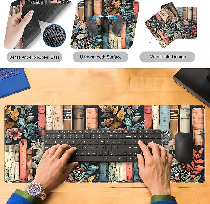 Flowers Desk Pads Gaming Desk Mat Large Keyboard Mouse Pad XL, Book Elements Computer Desktop Mats, Extended Full Laptop Mouse Mat, Office & Home Decor for Women Desk Aesthetic 31.5" x 11.8"