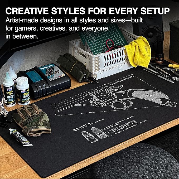 MPCO. Blueprints Large Gaming Desk Pad - 36" x 17" Duraglyde Fabric Pistol Webly Mark IV – Black Desk Mats - Non-Slip, Washable, Smooth Glide for Precision Gaming & Work