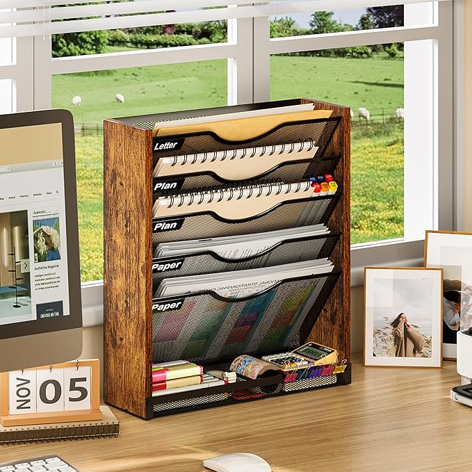 6-Tier Wall File Organizer with Bottom Tray, Ironwood Mail Organizer Wall Mounted with Metal Mesh, Document Organizer for Paper, Folder, Magazine, Office Desk Accessories for Home Cubicle Countertop