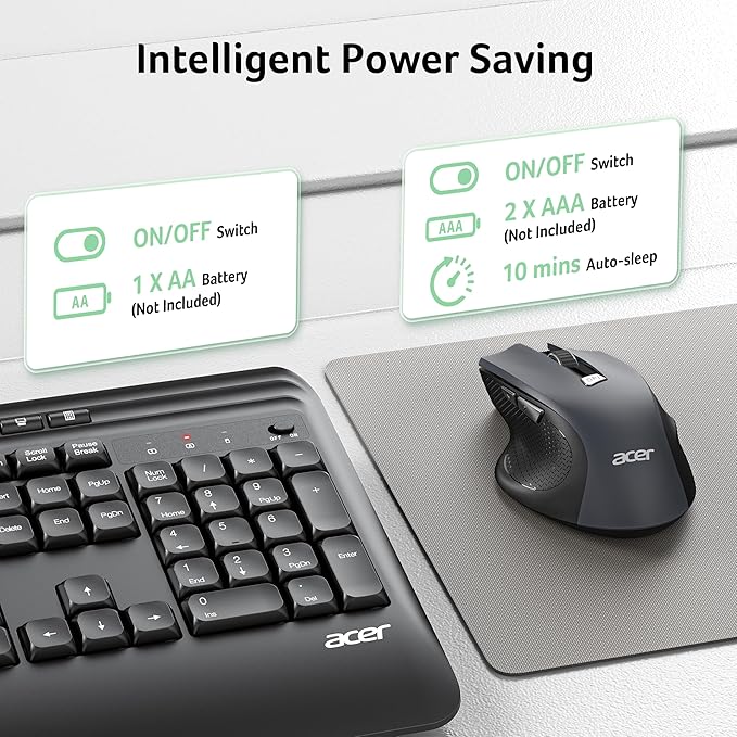 Acer Wireless Keyboard and Mouse Combo, 2.4G Full Sized Erogomic Keyboard Mouse Cordless, Palm & Wrist Rest, Unifying USB Receiver, 7 Multimedia Hotkeys, Sleep Mode, for PC, Laptop, Computer, Windows