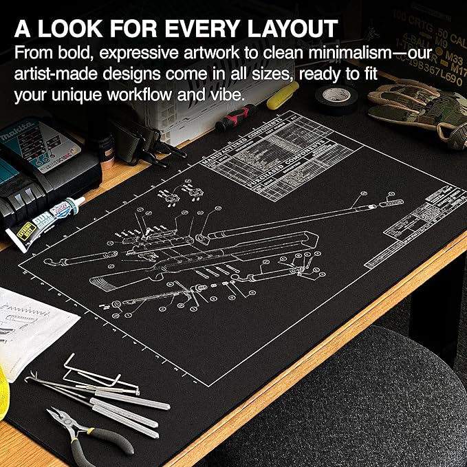 MPCO. Blueprints Large Gaming Desk Pad - 36" x 17" Duraglyde Fabric Browning 50 Cal – Black Desk Mats - Non-Slip, Washable, Smooth Glide for Precision Gaming & Work